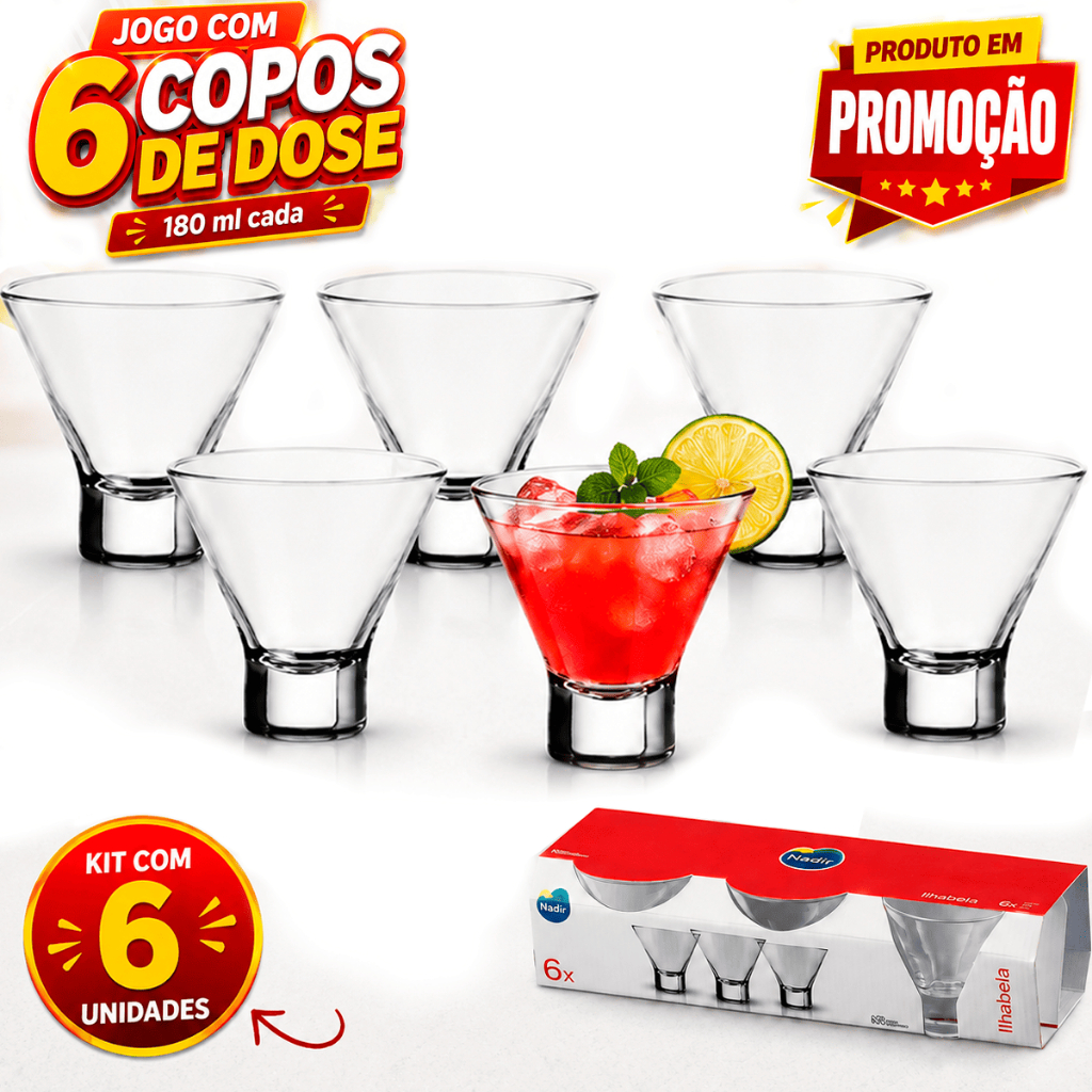 Jogo de Copos de Coquetel Ilhabela Nadir 180ml Kit com 6 peças em vidro para drinks caipirinha e bar