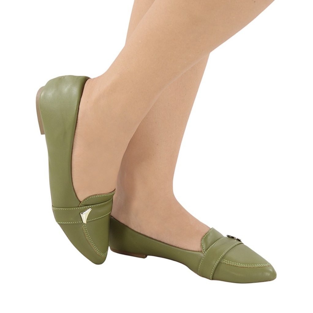 Mocassim Feminino Elegante Bico Fino com Fivela Dourada Sapatilha Casual Confortável