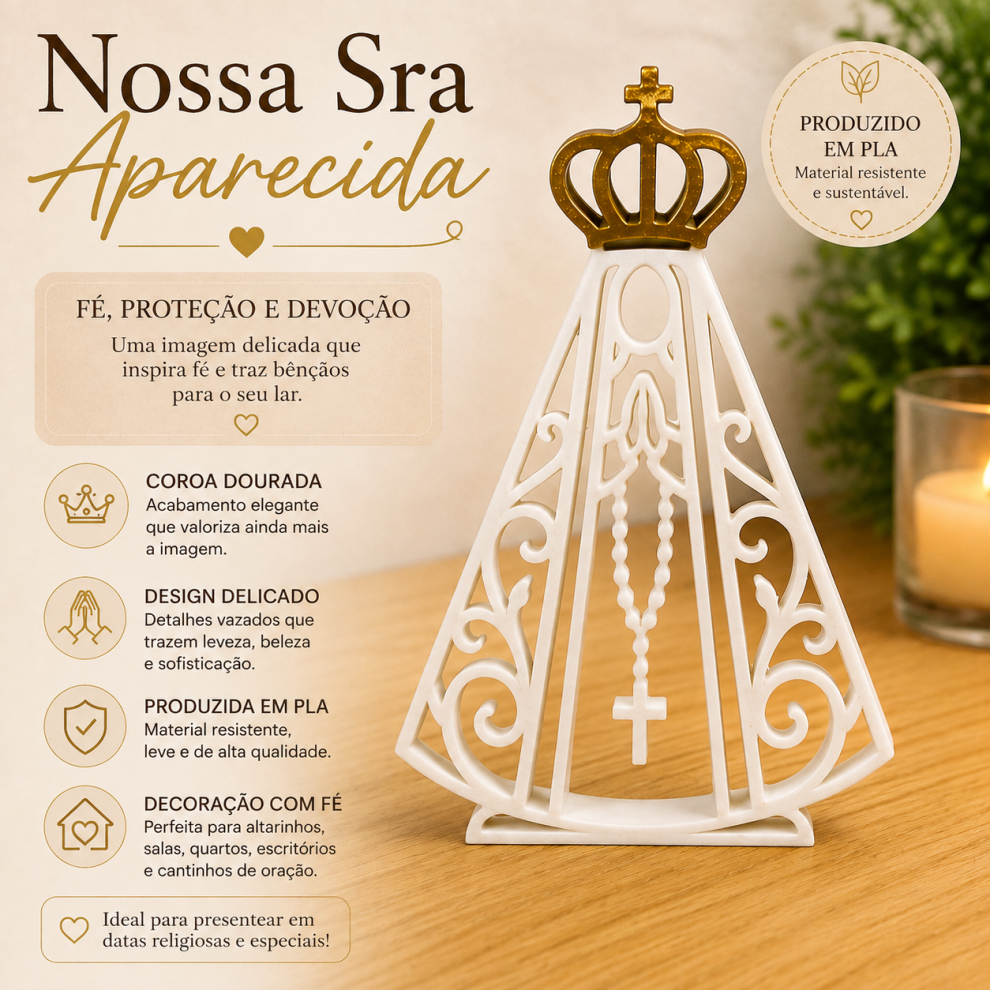 Nossa Senhora Aparecida Decorativa 3D com Coroa Dourada | Imagem Religiosa em PLA | Decoração Católica