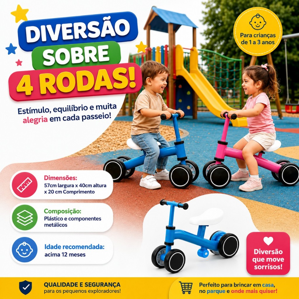 Bicicleta de Equilíbrio Infantil Sem Pedal Andador 4 Rodas Bebê Criança Bike Educativa Primeira Bicicleta Menino Menina