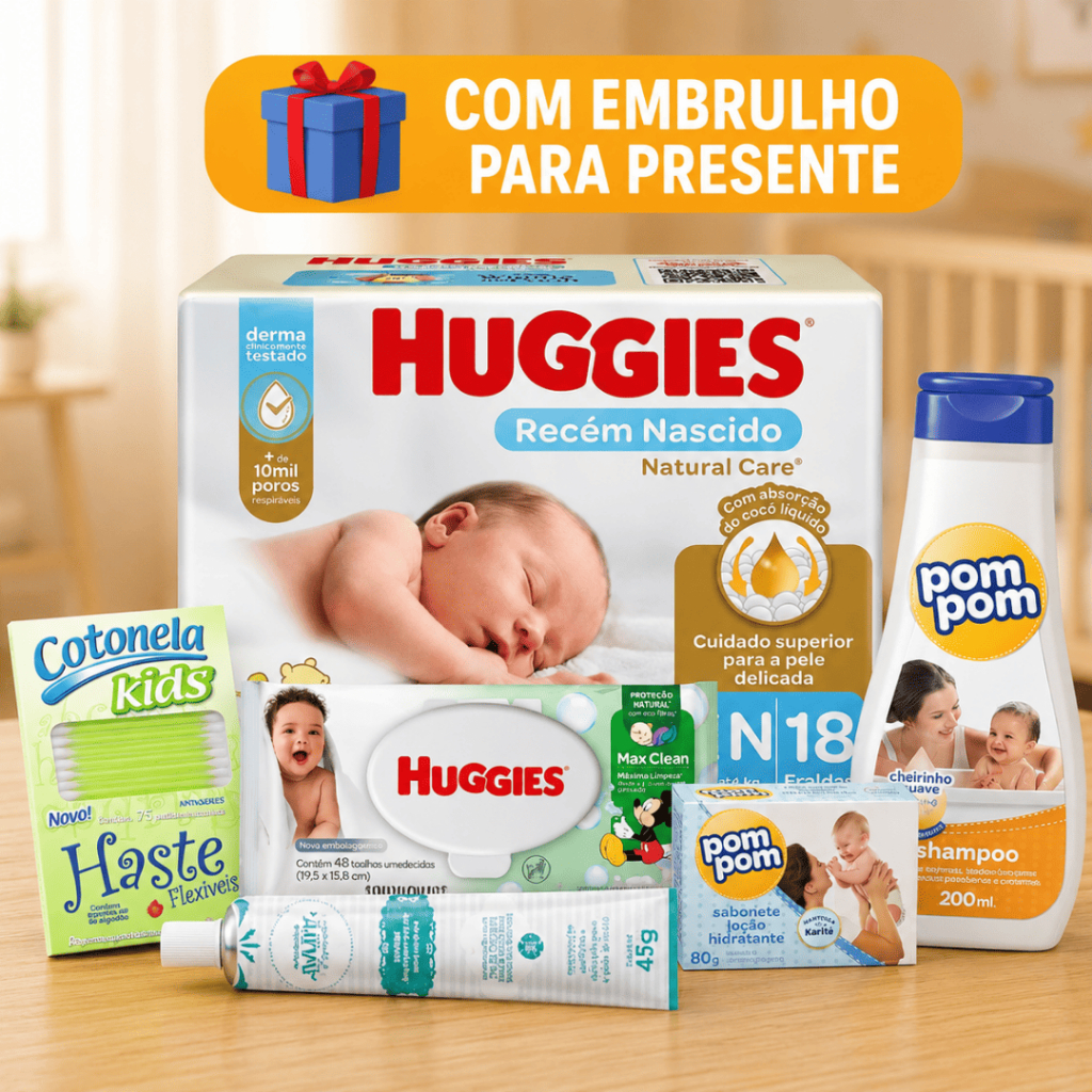 Kit Enxoval de Higiene Bebe Presente Fraldas Huggies Shampoo E Sabonete