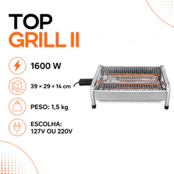 Churrasqueira Elétrica Top Grill II 1600W Portátil sem Carvão com Grelha e Bandeja Removível 127V ou 220V
