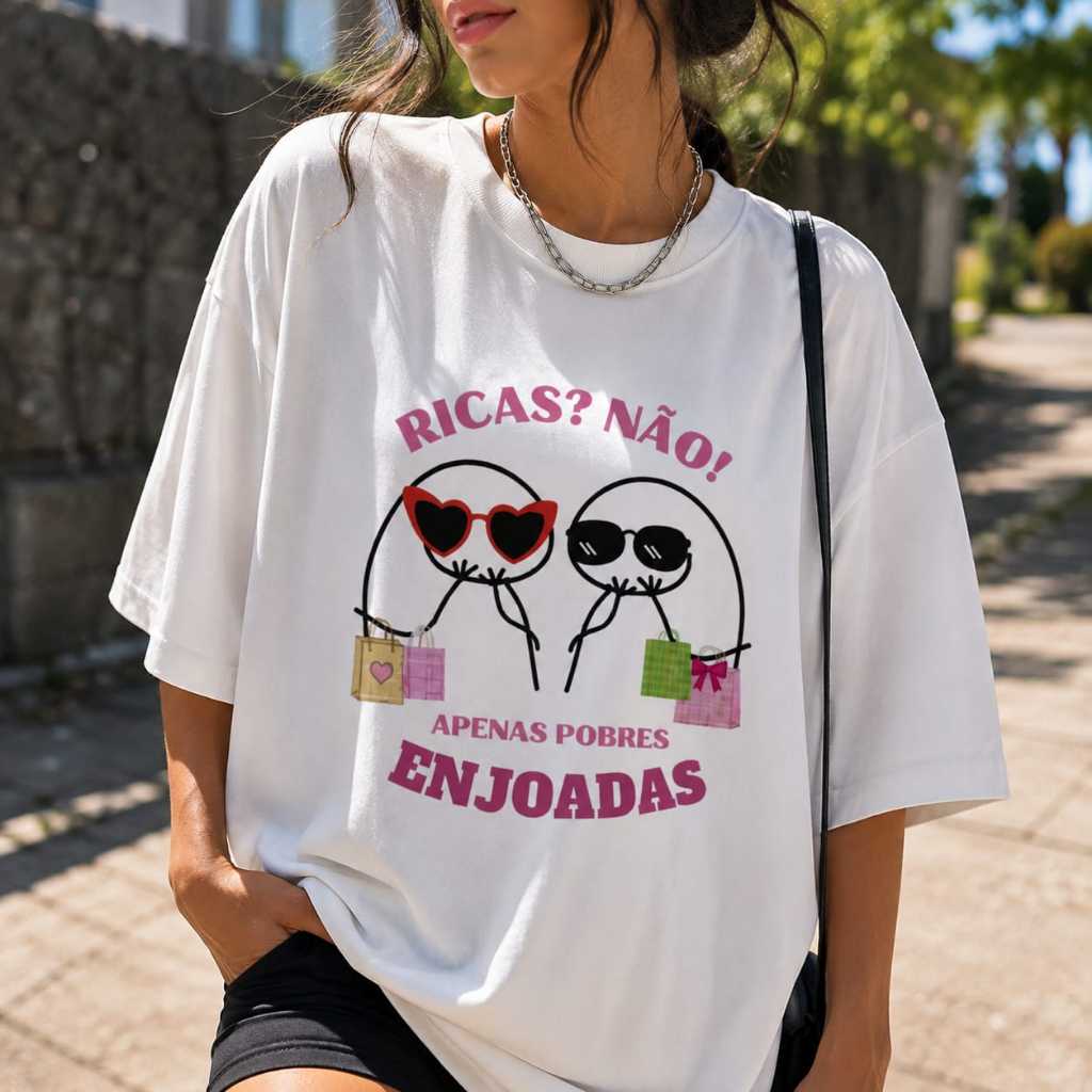 Camiseta Feminina Oversized Larga Estampada Divertida Amigas Casual 100% Algodão Confortável Dia a Dia