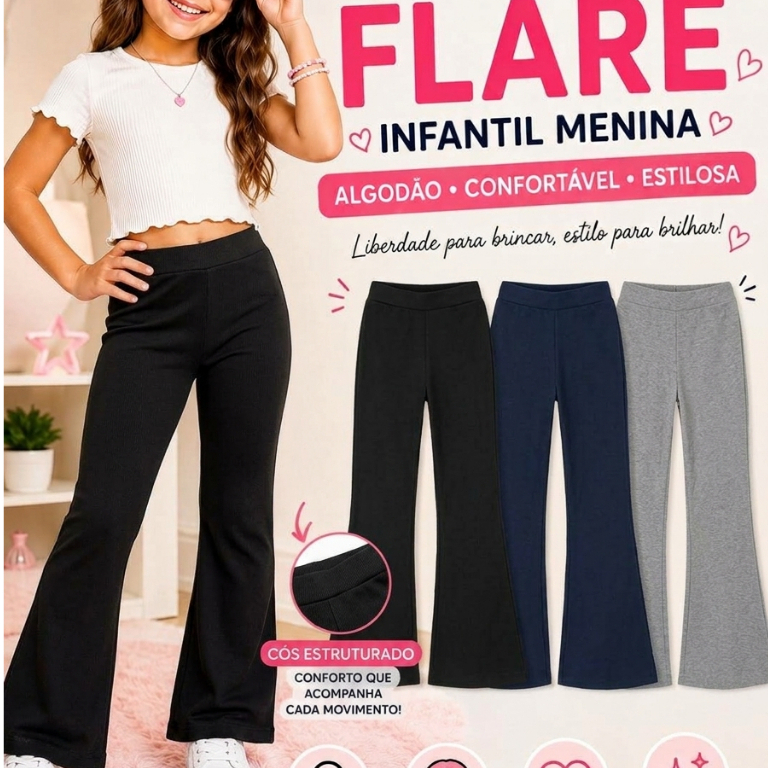 Calça Flare Infantil Menina Algodão Cós Alto Confortável Moda Fashion