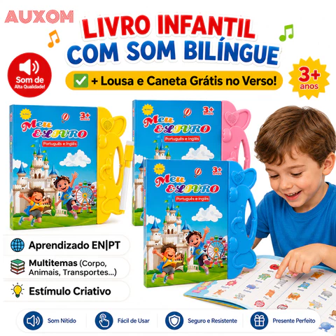 AUXOM Livro Interativo com Som Infantil Bilíngue Português Inglês Multi Temas Toque Educativo Aprendizagem
