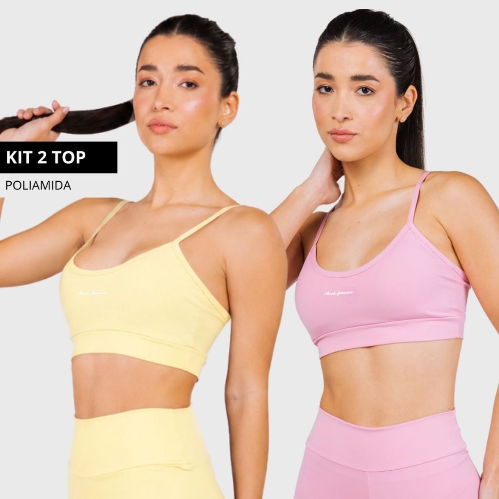 Kit 2 Top com Bojo Alcinha Fitness Poliamida Zero Transparência Compressão Alta Sustentação Academia Top Feminino