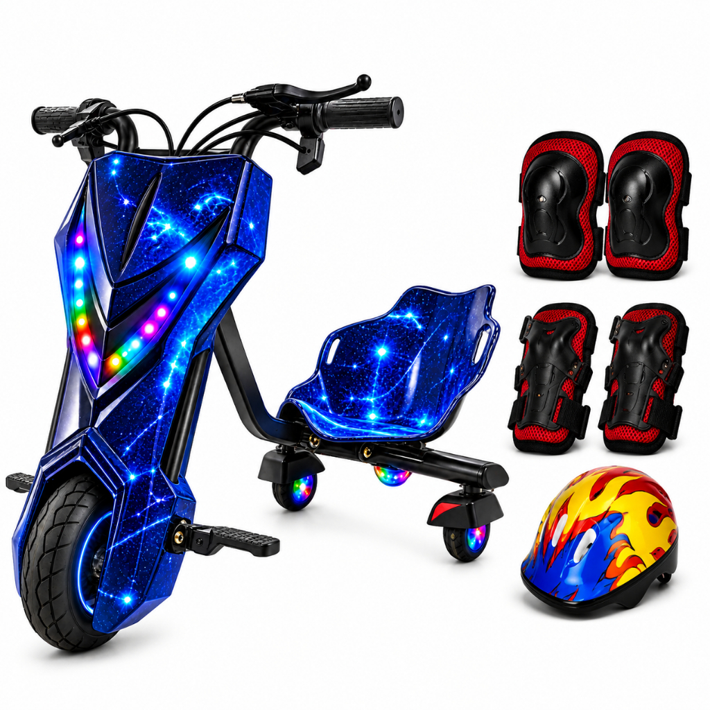 Triciclo Elétrico Drift Motorizado 36V250W Infantil/Adulto 6 8 Polegadas 3 Velocidades C/Bluetooth Led kit Proteção