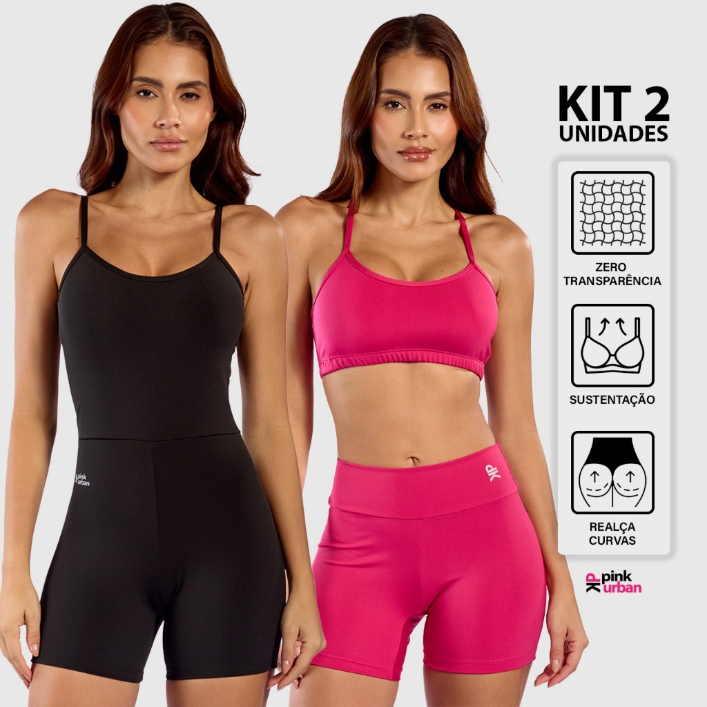 Kit Macaquinho Alcinha Costa Nua + Conjunto Fitness Top Alça Short Meia Coxa Zero Transparência