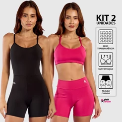Kit Macaquinho Alcinha Costa Nua + Conjunto Fitness Top Alça Short Meia Coxa Zero Transparência