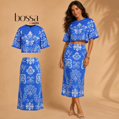 Lovito Bossa Conjunto Feminino Blusa e Saia Midi Estampa Arabescos BLB15931623