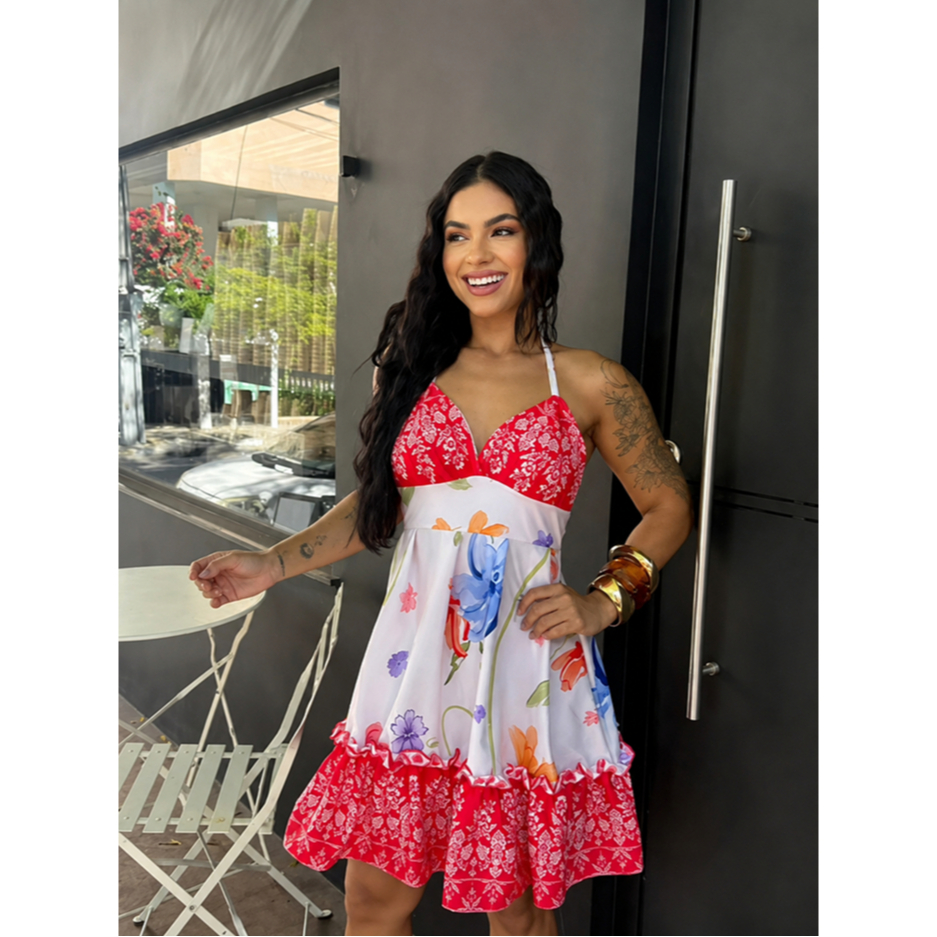vestido feminino alcinha amarrar costas nua estampado babado rodado gode soltinho moda feminina