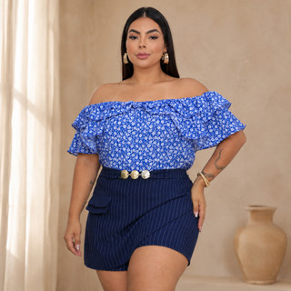 Blusa Ciganinha Plus Size Ombro A Ombro Babado Crepinho Floral Estampada Confortável G ao G3 Moda Feminina- Valentina