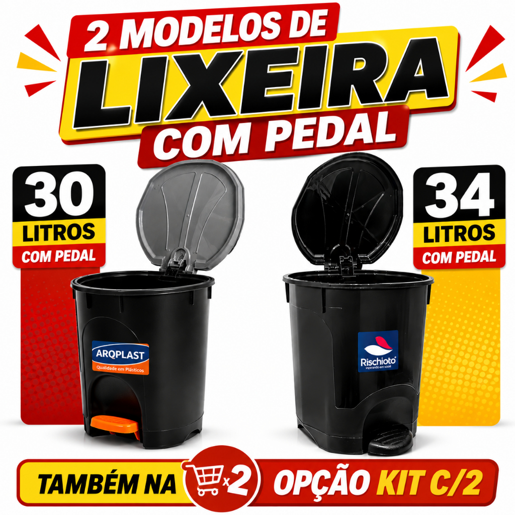 Lixeira com Pedal 30L e 34L Rischioto/Aroplast – Tampa Basculante – Unidade ou Kit C/2