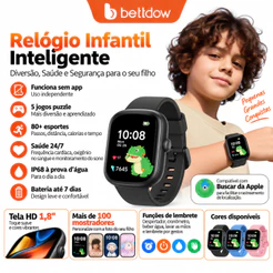 Relógio inteligente infantil BETTDOW de 1,83 polegadas, com função FineMy, resistência à água I67 e lembretes inteligent