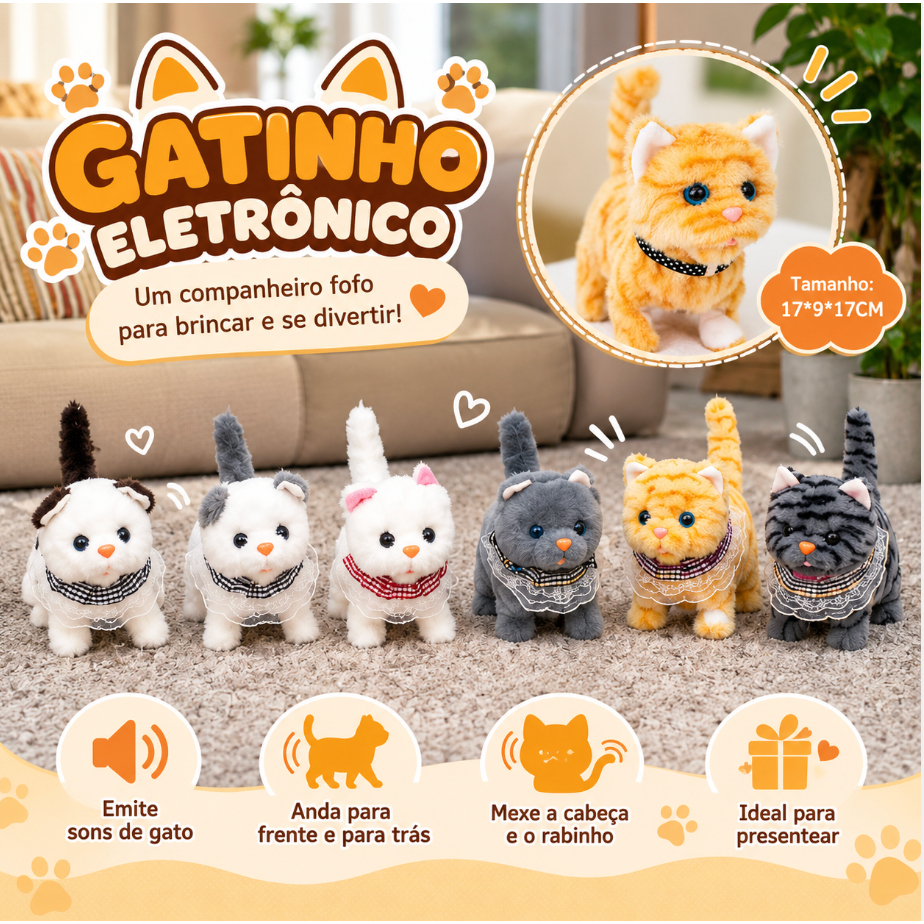 Gatinho de Pelúcia Eletrônico Interativo Anda Mexe Rabinho e Emite Som de Gato Brinquedo Infantil