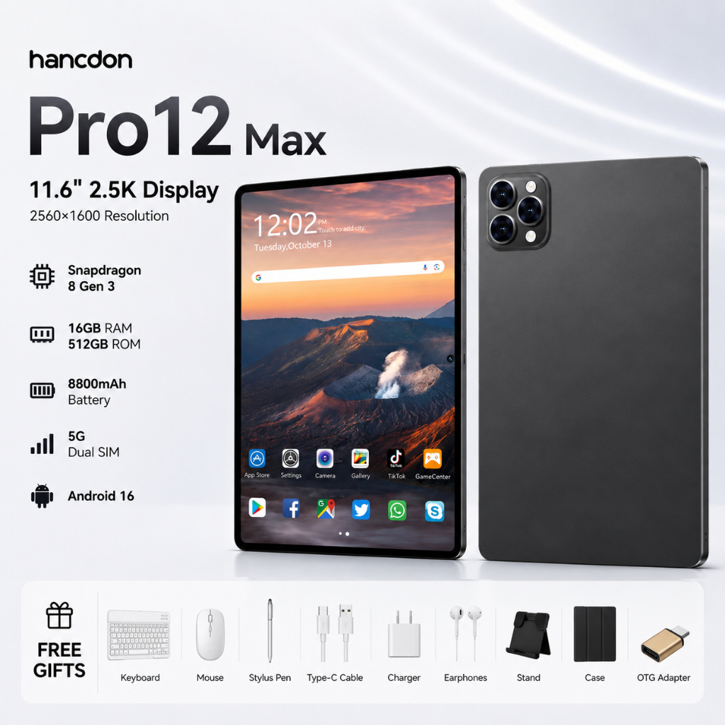 Tablet Hancdon Pro12 Max 16GB+512GB | Android 15 | Tela 11.6" FHD | Bateria 8800mAh Snapdragon 8 Gen 3