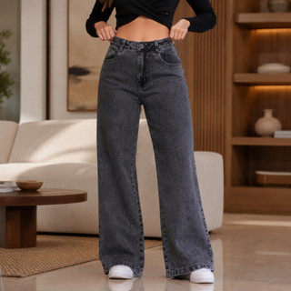 Calça Jeans Feminina Wide Leg Bloguerinha Premium Cintura Alta Levanta Bumbum