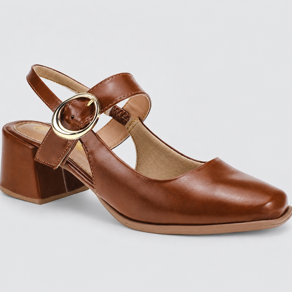 Sapato Feminino Shekinah Scarpin Bico Quadrado Salto Baixo Slingback Mary Jane Fivela Retrô