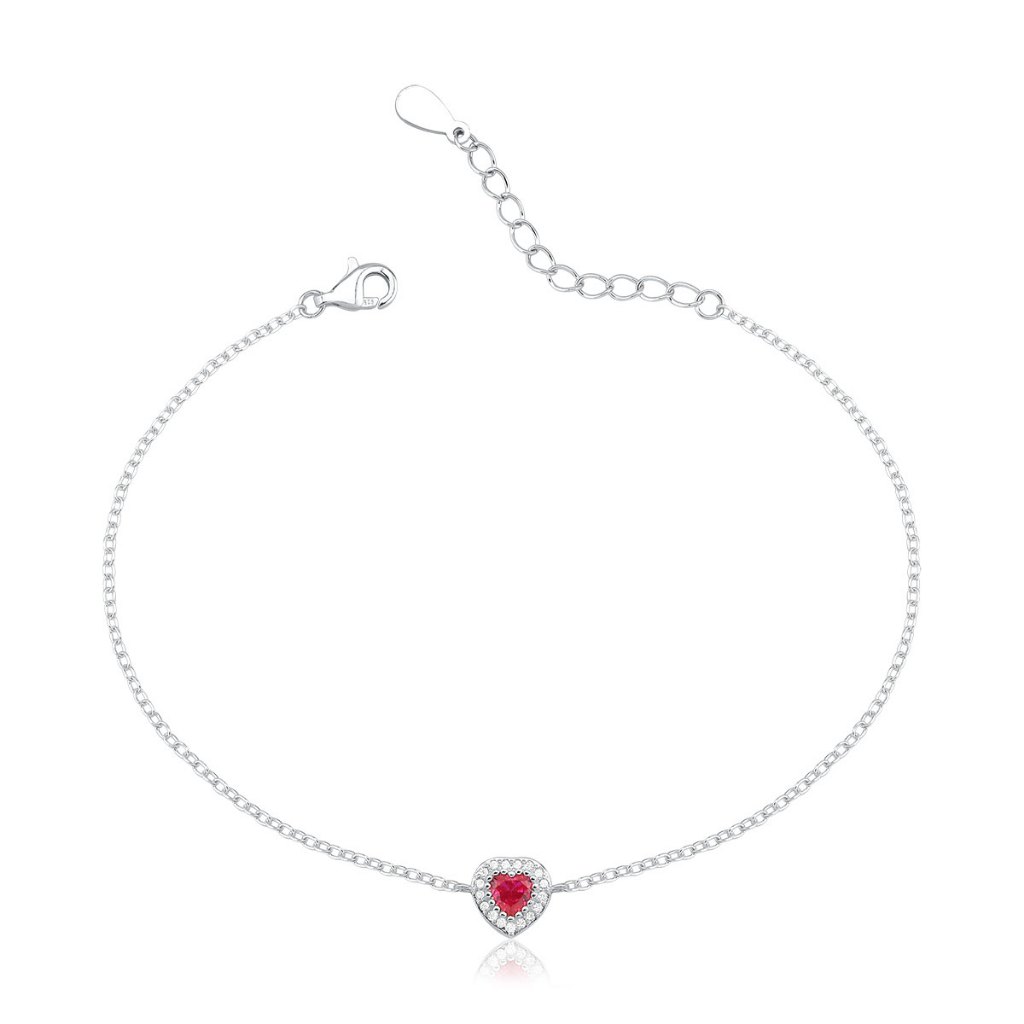 Pulseira Feminina de Prata 925 Coração Cravejado Rubi