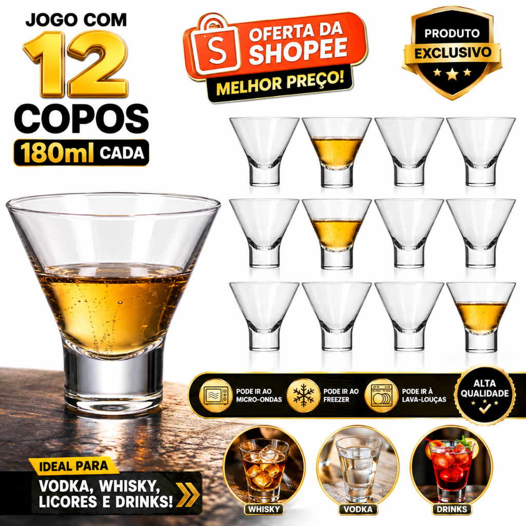 kit jogo conjunto de Taça Coquetel Ilhabela 180ml Kit 12 unidades taça de vidro vodka whisky drinks