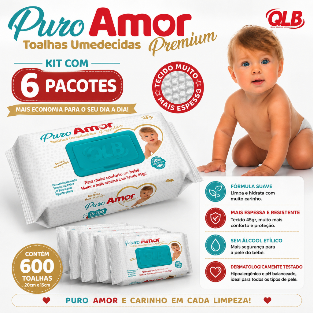 Kit 6 Pacotes Toalhas Umedecidas Premium Puro Amor 98% Água 600 Lenços Higiene Bebê Sem Perfume