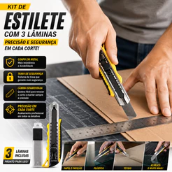 Kit Estilete Profissional Reforçado em Metal com Trava + 3 Lâminas para Corte e Acabamento