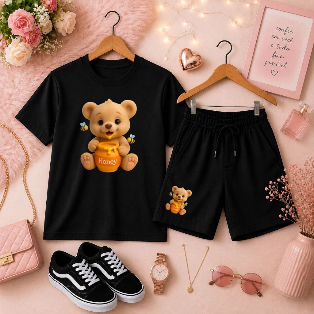 Pequena Estilosa Conjunto Infantil Feminino Camiseta Básica + Short Moletom Estampa Ursinho e Mel