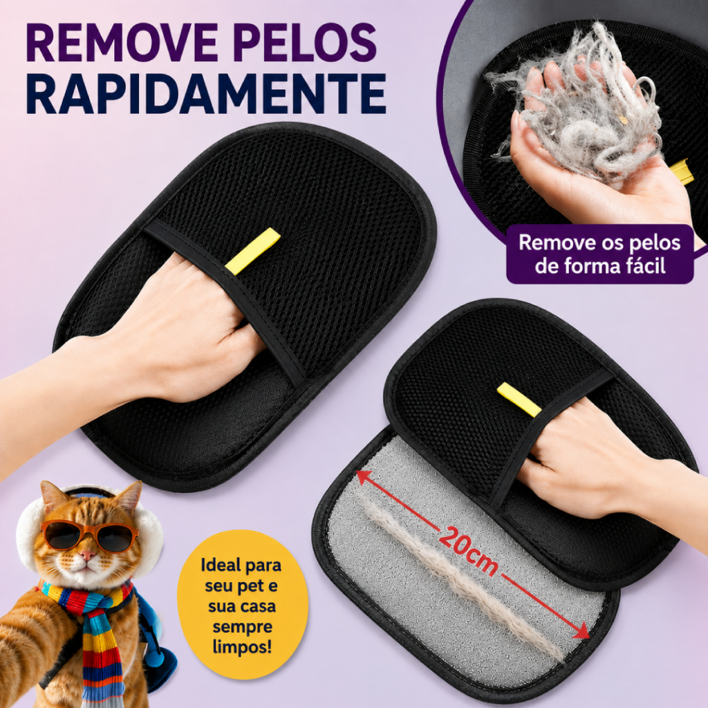 Removedor de Pelos Pet Luva Eletrostática Dupla Face para Cães Gatos Sofá e Roupas