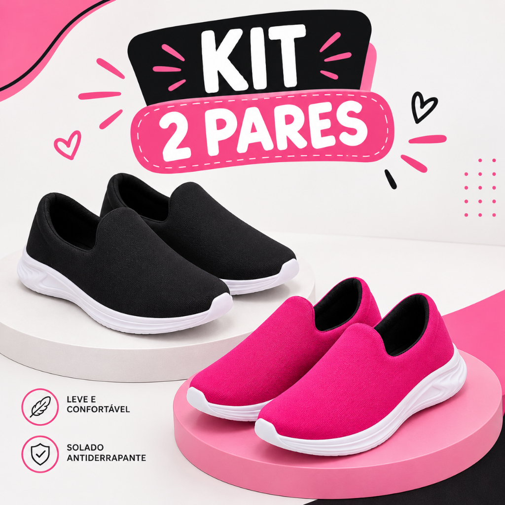 Kit 2 Pares Tênis Calce Fácil Infantil Confortável Menino e Menina do 22/33 Preto e Pink