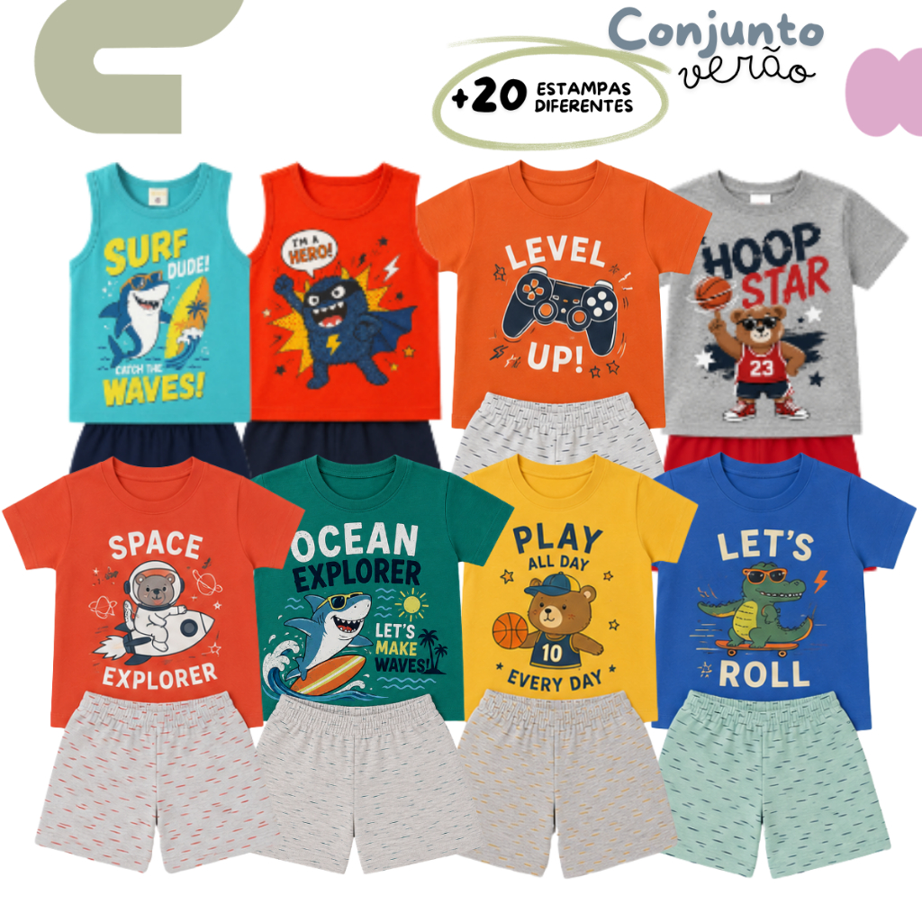 Kit 2 Conjuntos Verão Menino Sortido 100% Algodão Calor | Diversas Estampas, 2 Camisetas + 2 Shorts - 1 a 8 anos