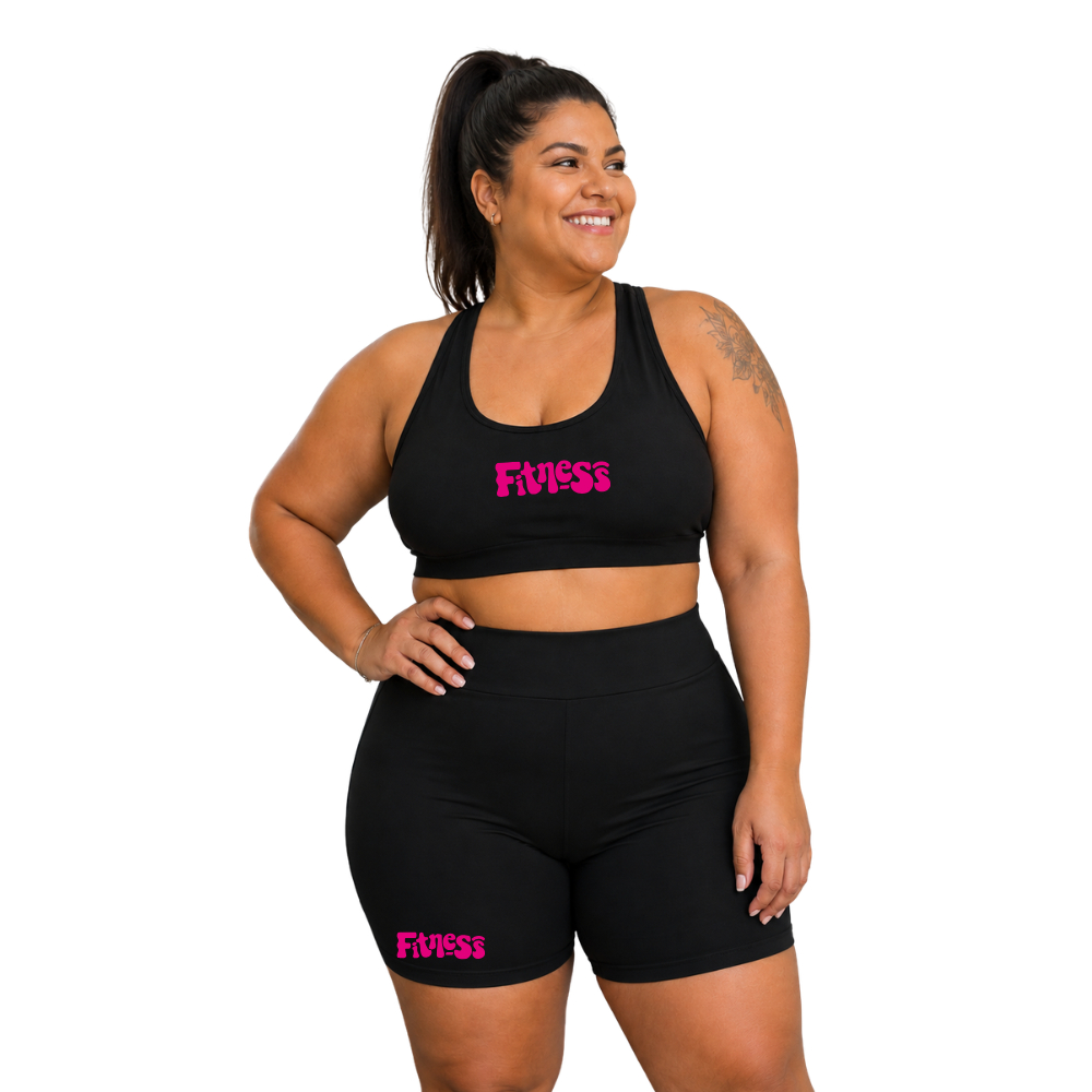 Conjunto Fitness Feminino Plus Size Top e Short Academia Alta Compressão Estampa Fitness Rosa
