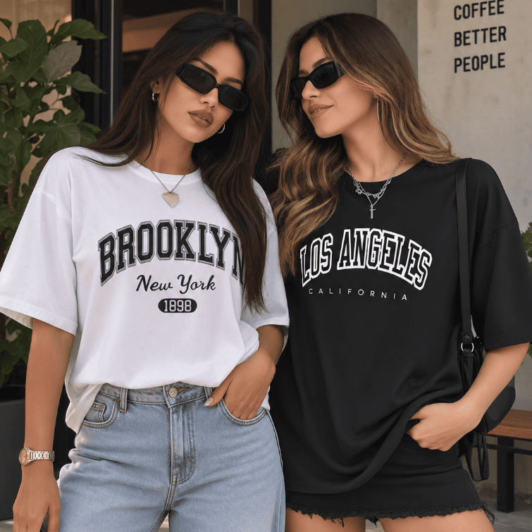 Kit 2 Camisetas Femininas Oversized Brooklyn Los Angeles 100% Algodão Casual Streetwear Confortável