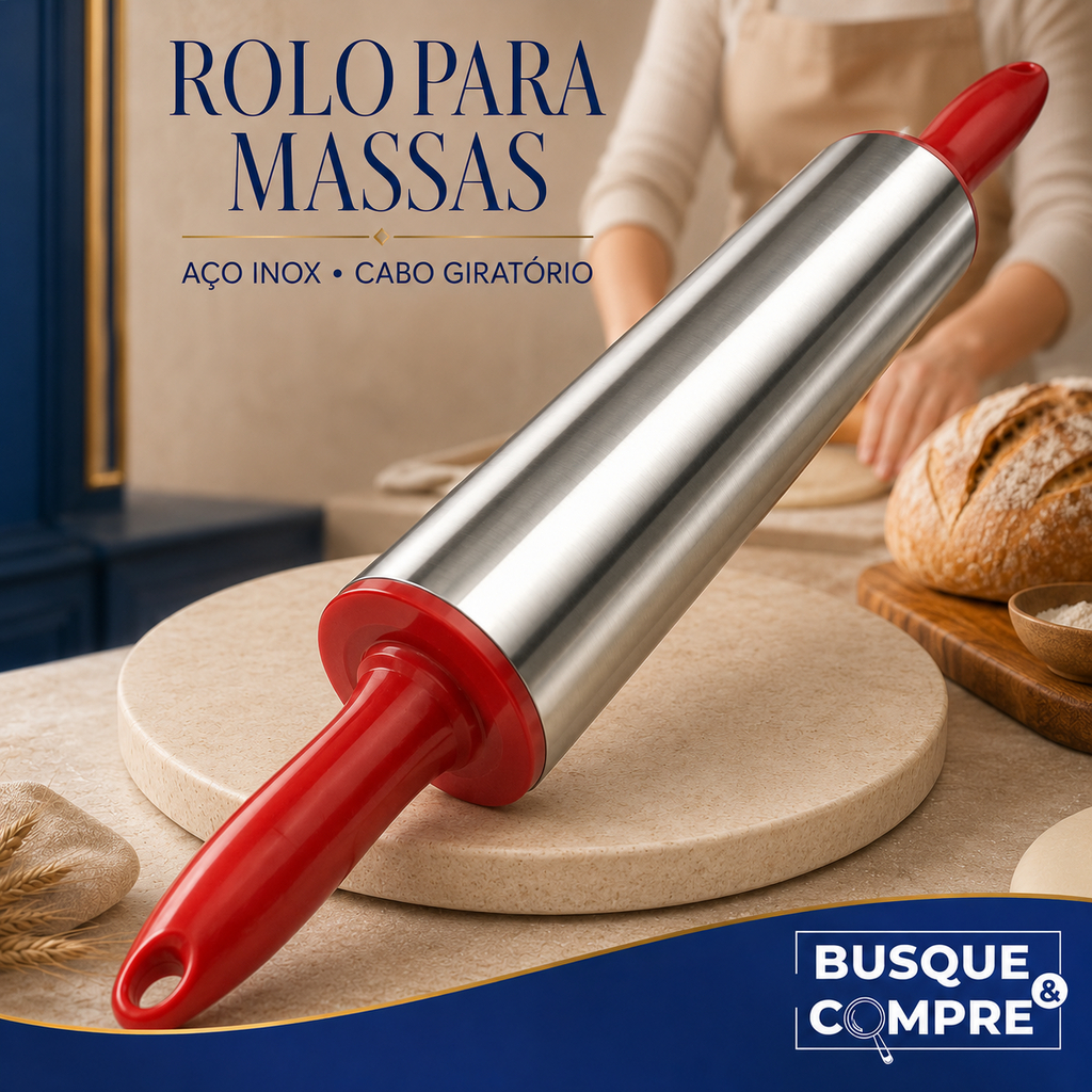 Rolo para Massas Giratório de Inox para Pão Pães Coxinha Salgados Amassar Massa Padeiro Padaria