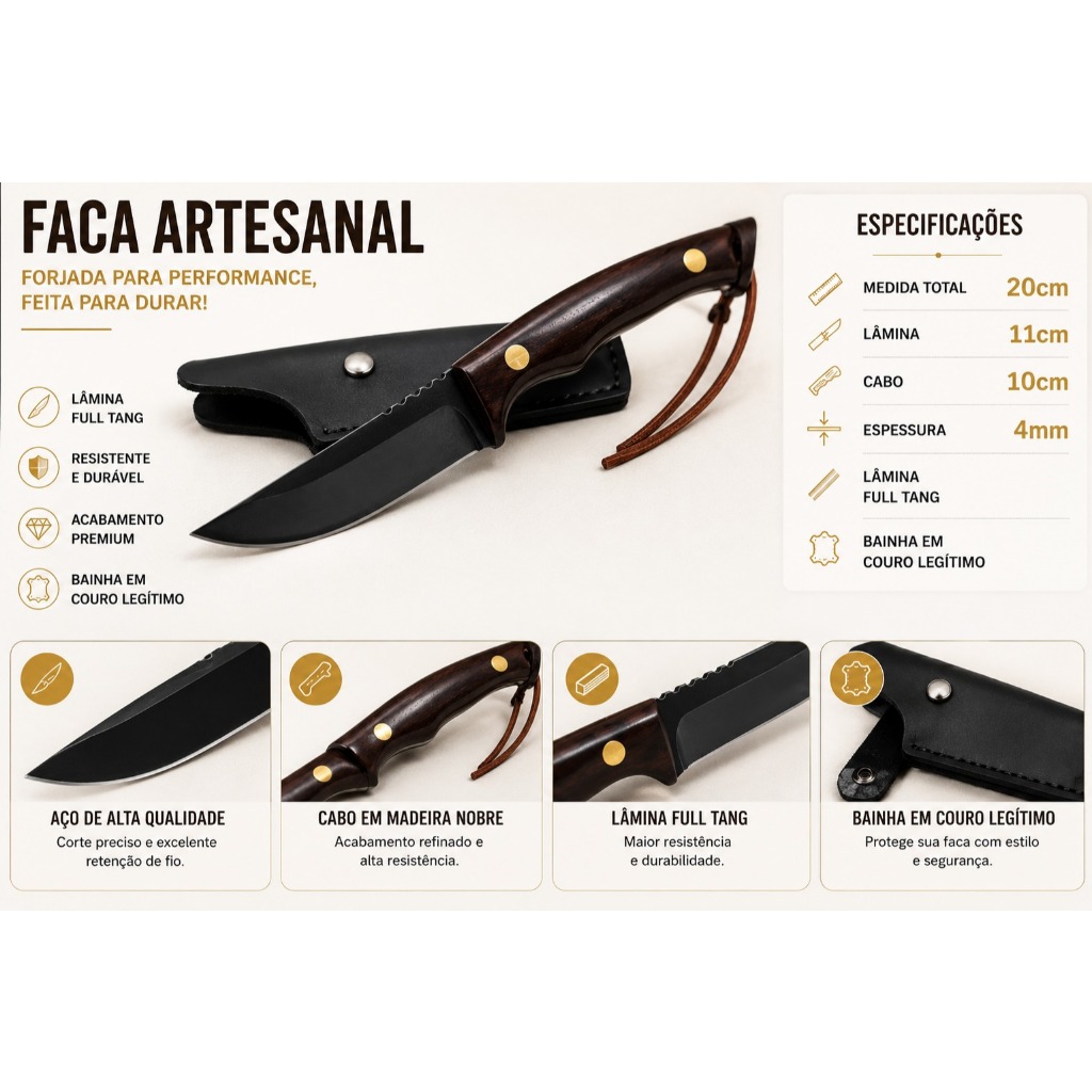 Faca Artesanal Full Tang Aço Carbono Churrasco Camping Caça Cabo Madeira com Bainha
