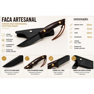 Faca Artesanal Full Tang Aço Carbono Churrasco Camping Caça Cabo Madeira com Bainha