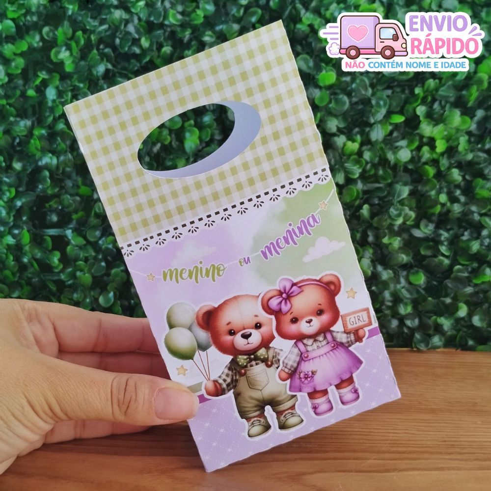 Kit Sacolinhas Chá Revelação Chá de Bebê Ursinho Lilás e Verde Lembrancinha Festa Infantil Sacola Surpresa Aniversário