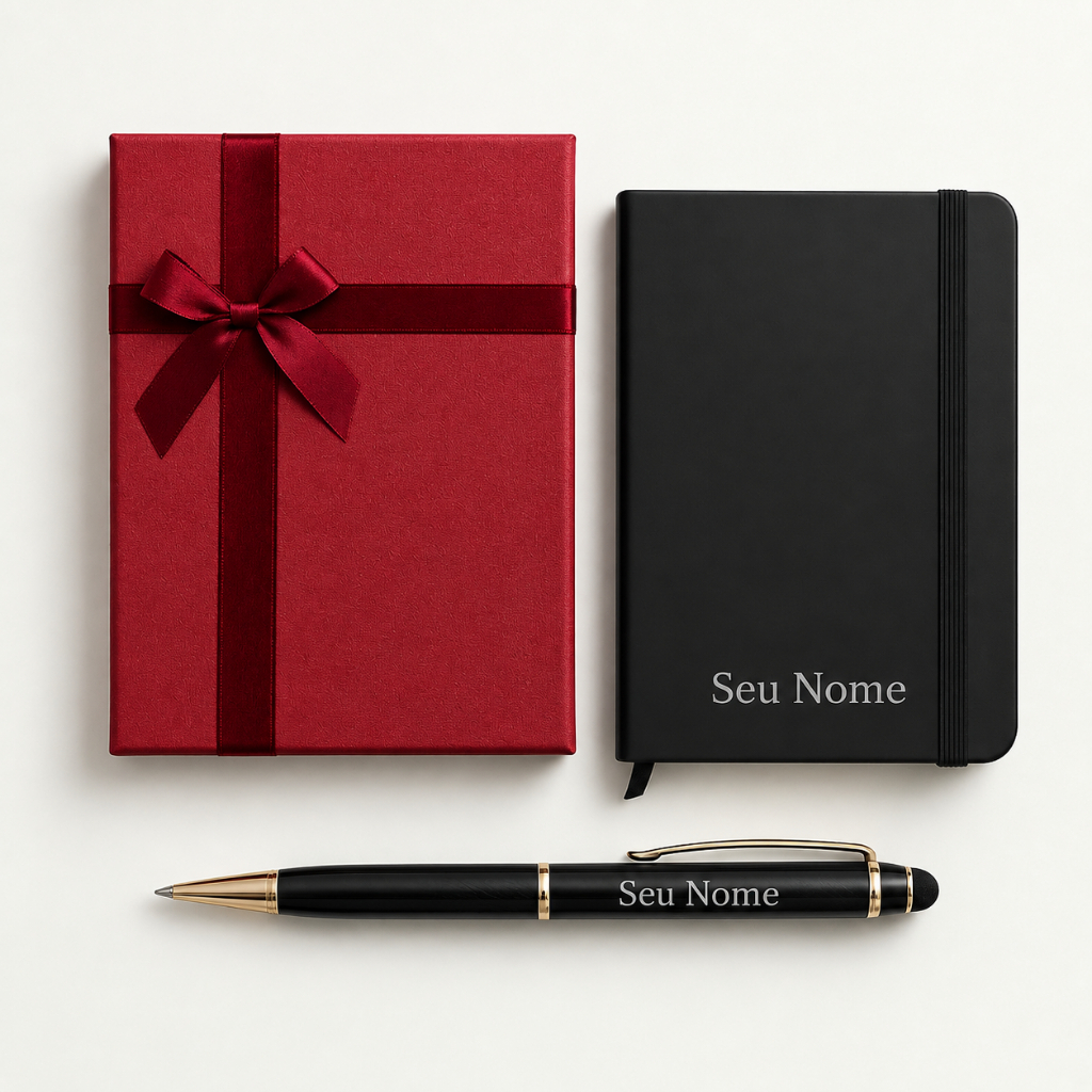 Kit Presente Personalizado – Bloco de Notas + Caneta + Caixa Elegante