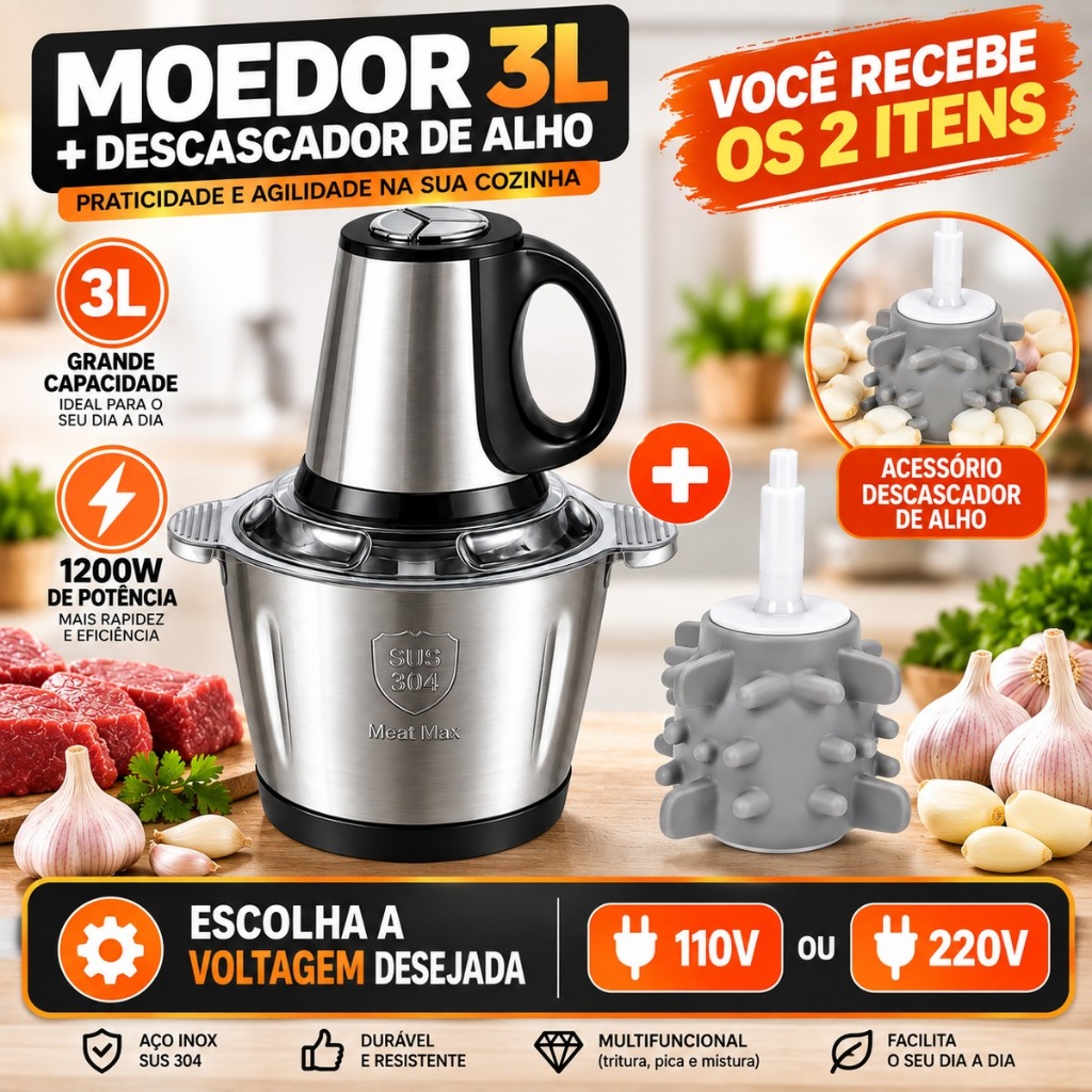 Processador Moedor Elétrico 3L Com Alça 1200W Inox Triturador de Carne Alho Legumes + Descascador de Alho