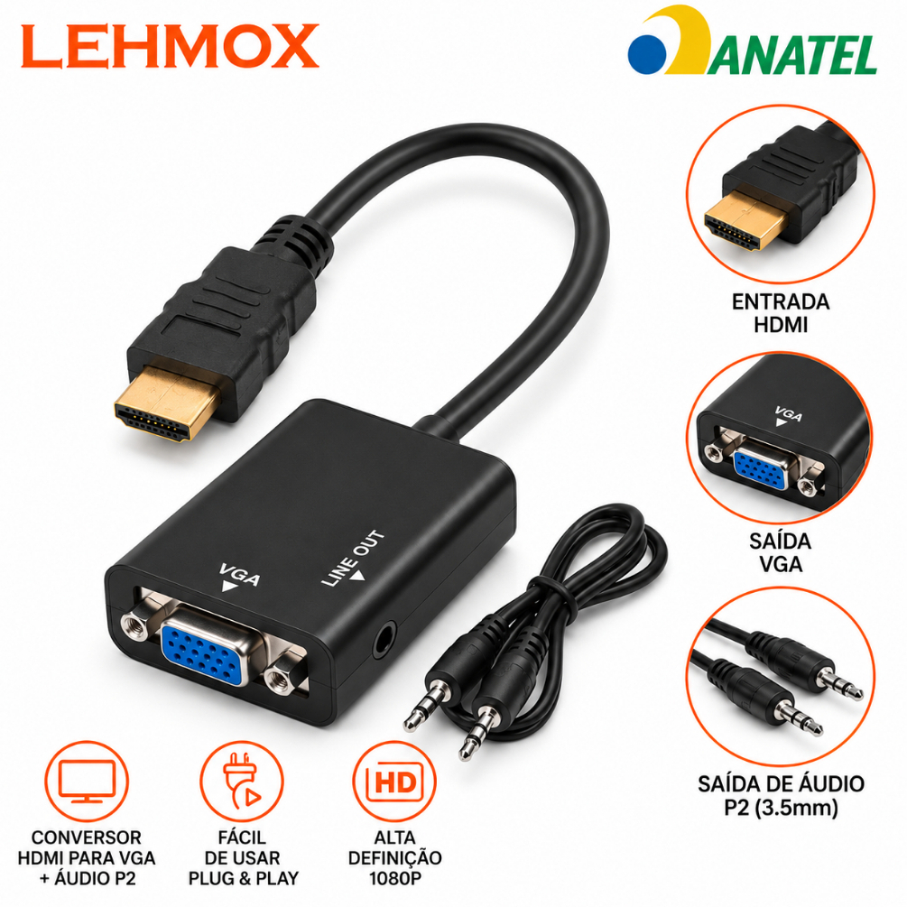 Adaptador Conversor HDMI VGA Com Áudio P2 Full HD 1080P PC Notebook Projetor