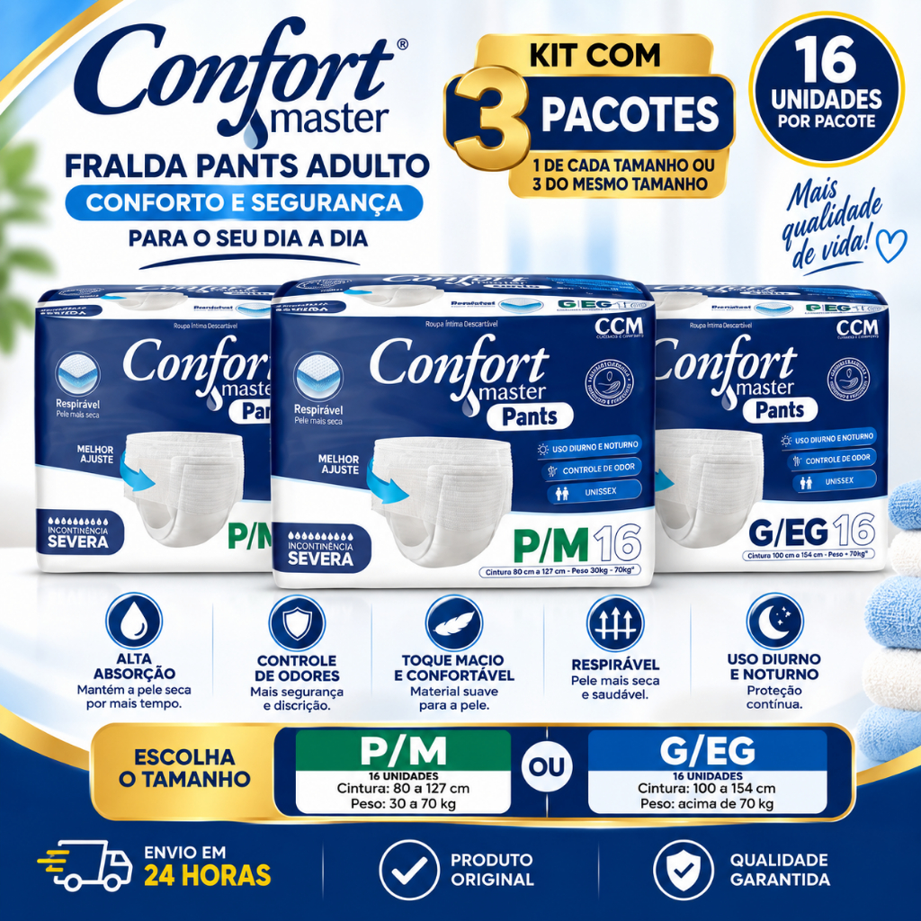 Kit 3 Pacotes Fralda Confort Master Pants - Roupa Íntima Unissex (48 Unid)