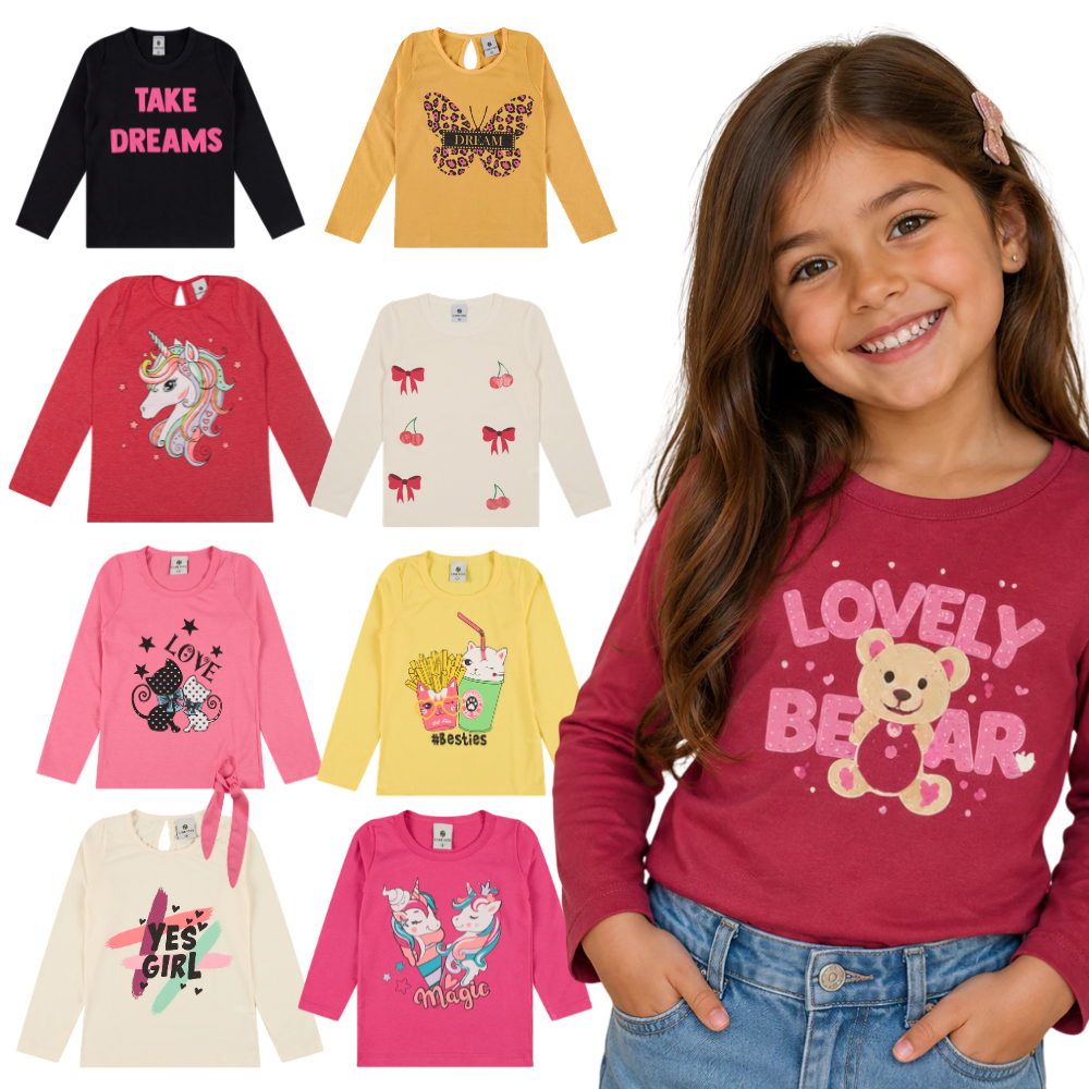 Kit Camiseta Manga Longa Infantil Feminina  | Roupa Infantil Menina | Estampas Sortidas
