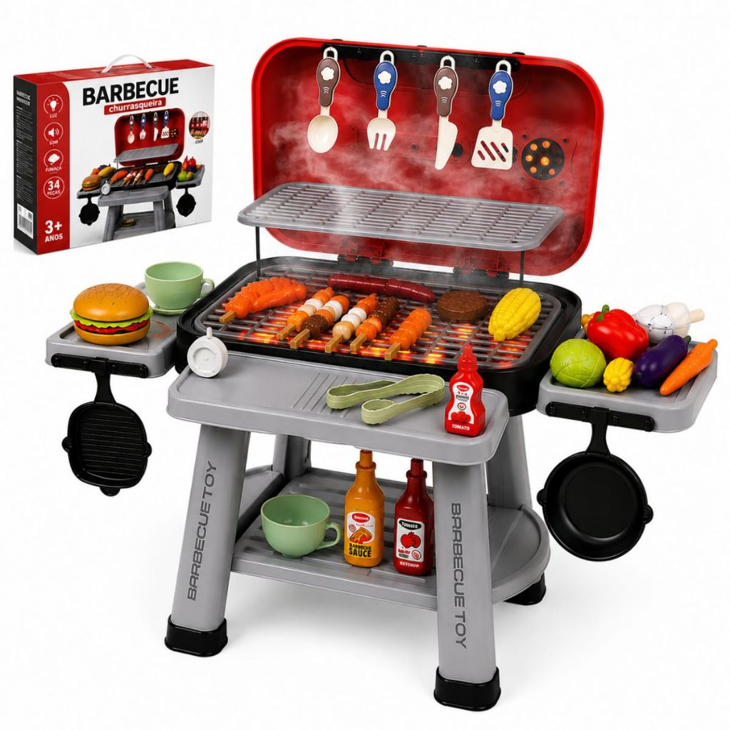Churrasqueira Infantil Brinquedo Com Luz Som Fumaça Comidinhas Acessórios Kit Churrasco Faz de Conta