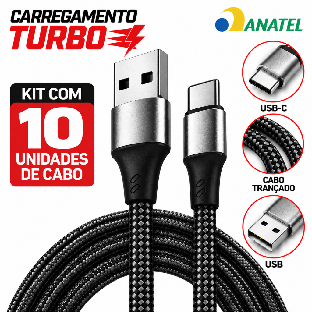 Kit 10 Cabos Carregador Tipo C 6A 120W Turbo 2 Metros Reforçado Premium Original
