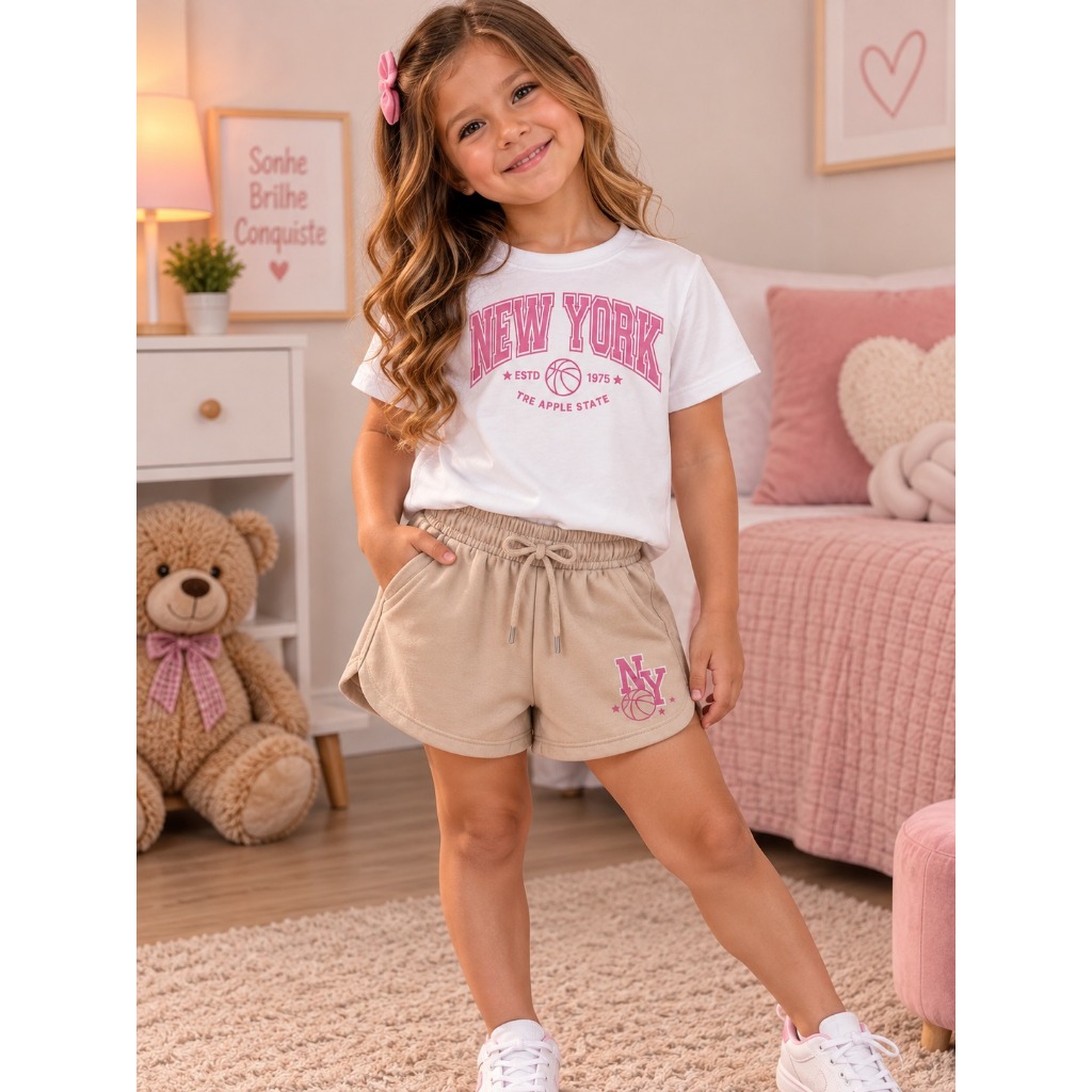 Conjunto Infantil Feminino Premium New York Camiseta e Short Estampado Tamanho 2 ao 16
