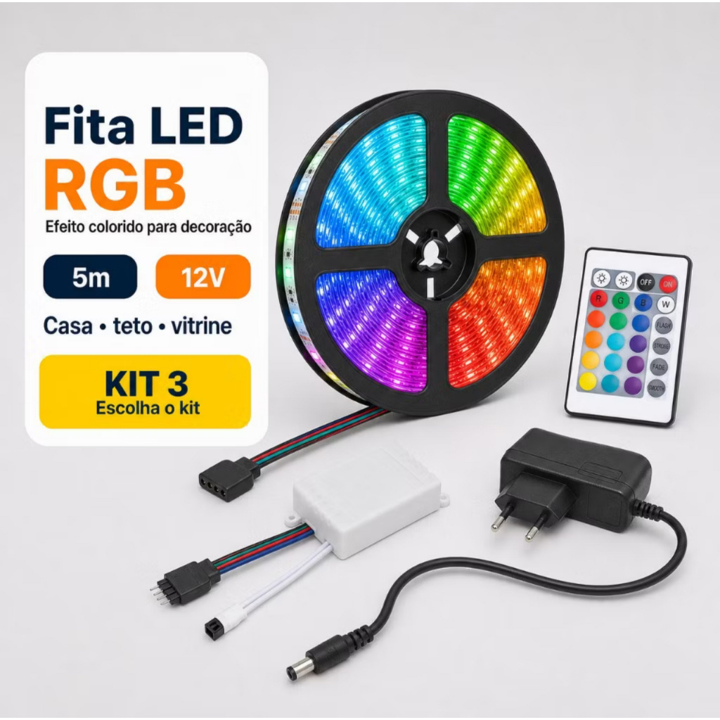 Fita LED RGB 2835 12V Kit 1 2 ou 3 Rolos de 5 Metros com Controle Remoto para Sanca TV Quarto com ou sem Fonte