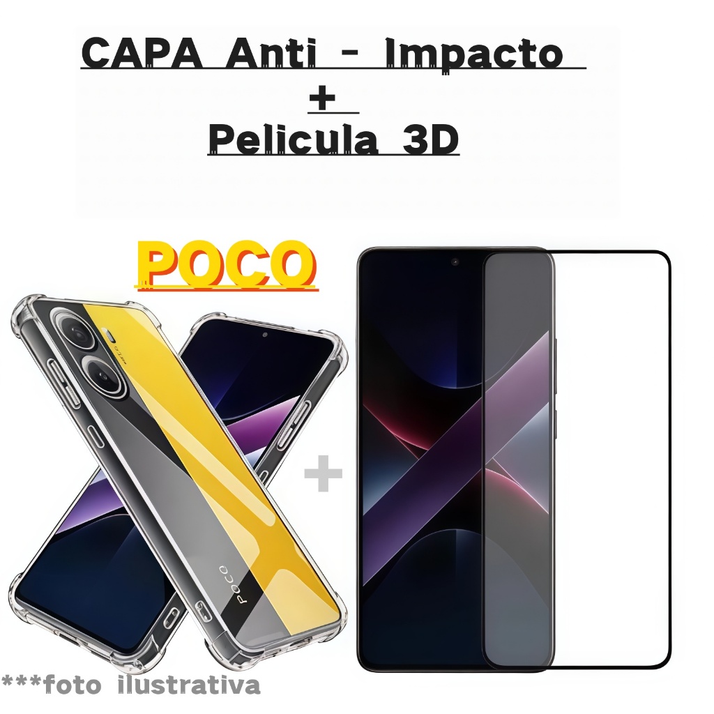 Capa Anti-Impacto Transparente + Película Vidro 3D Compatível Com POCO F3/F4/F7/X7 PRO/X3/X3 PRO/X6