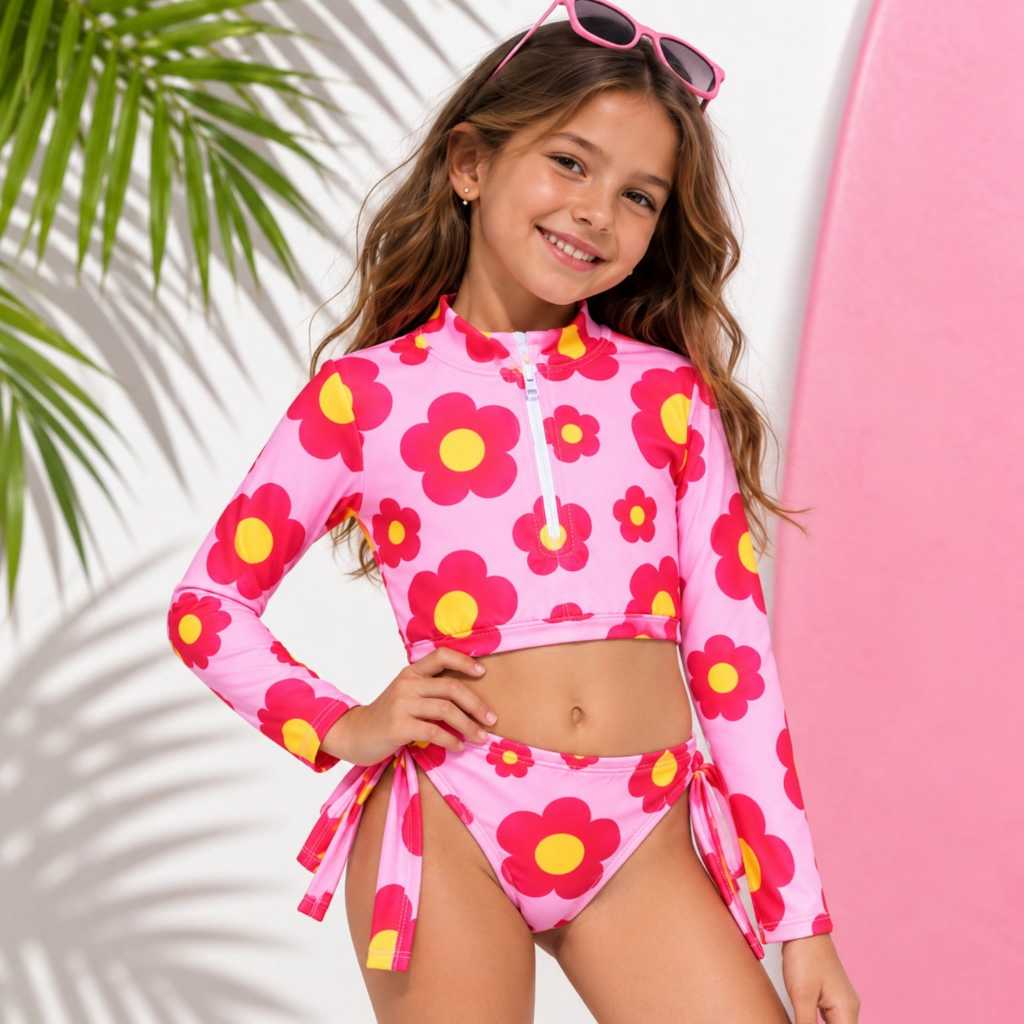 Biquíni ou Maiô Infantil Menina Verão Proteção Solar UV 50+ Manga Longa Estampado Rosa com ziper Praia Piscina 02 ao 10