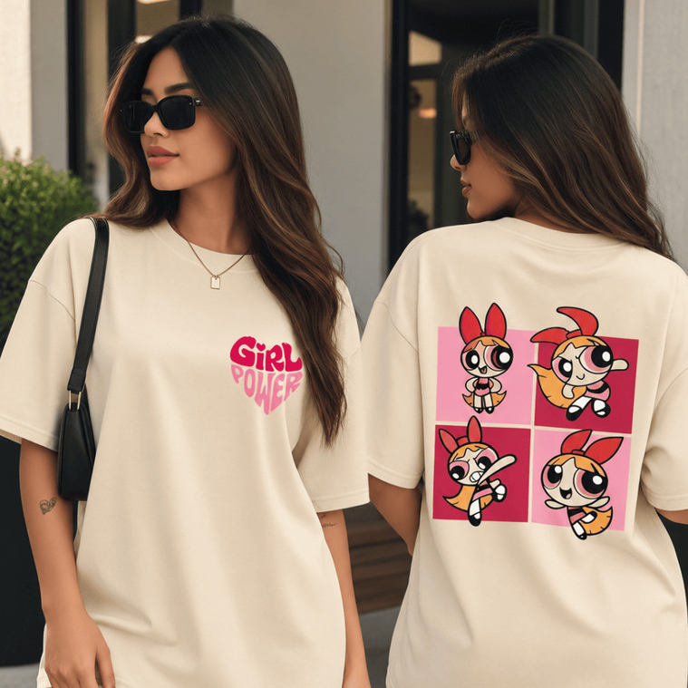 Camiseta Feminina Meninas Superpoderosas Oversized Estampada Frente e Costas 100% Algodão Casual