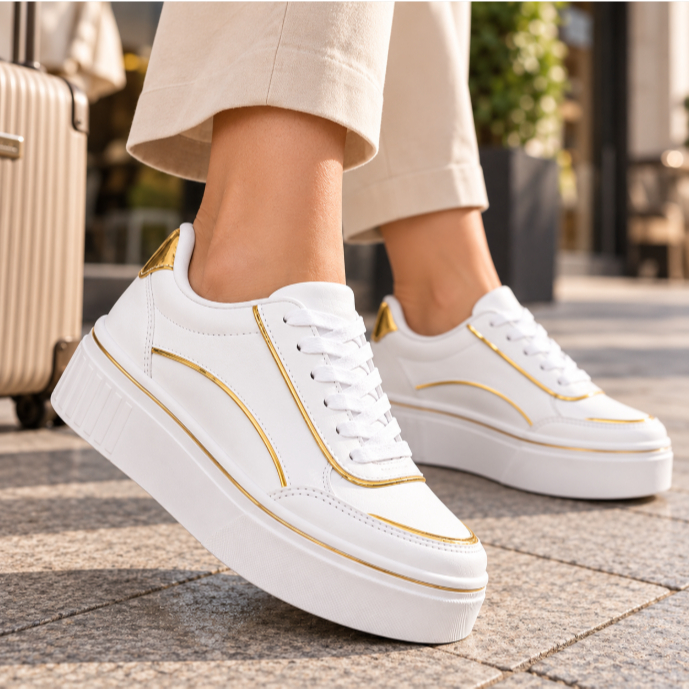 Tênis Feminino Casual Confortável Branco com Detalhes Dourados para Dia a Dia - Clássica Brasil