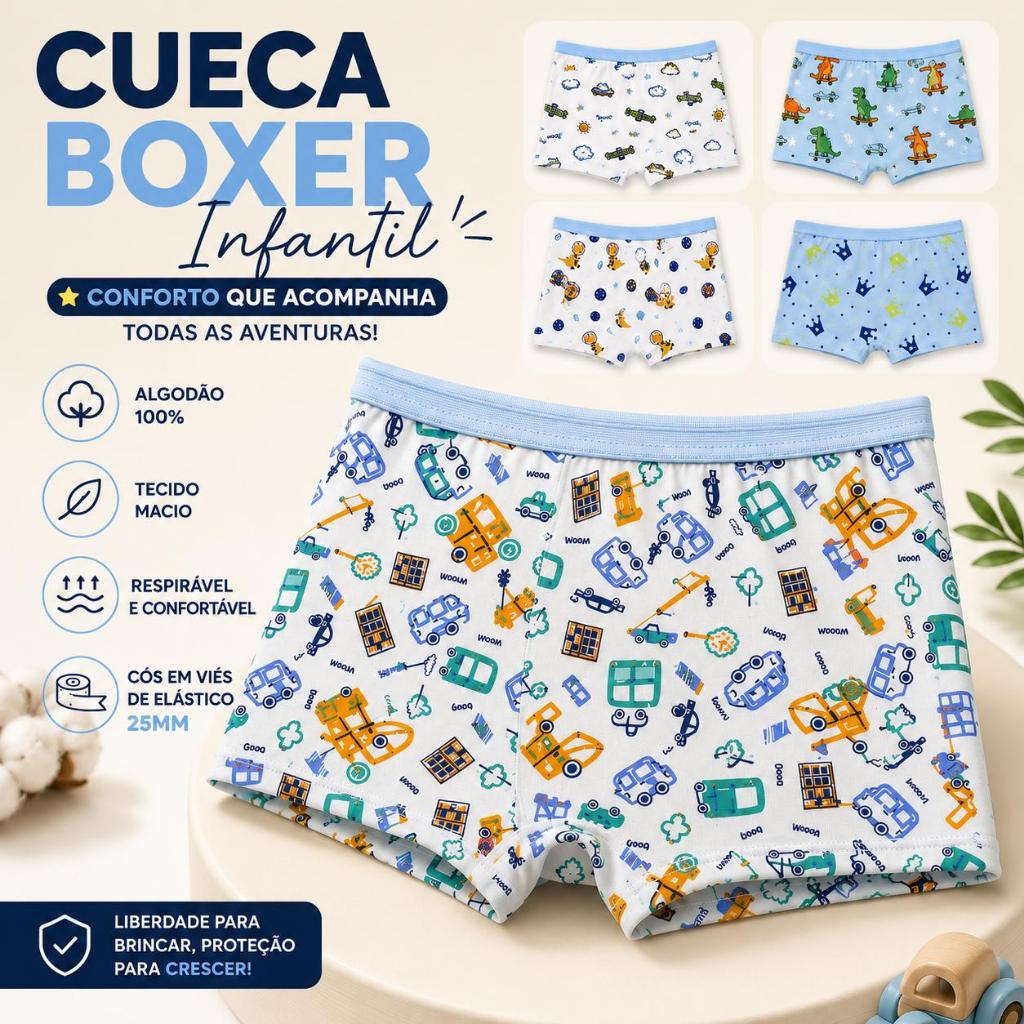 Kit até 12 Cuecas Boxer Infantil Menino 100% Algodão Masculina Conforto Premium 2 a 10 Anos